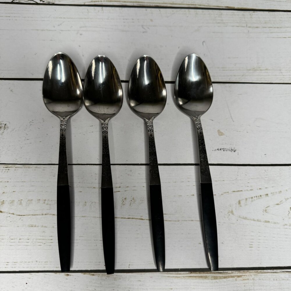 Interpur Stainless Black Handle Teaspoon Canoe Heart Scroll Pattern Set Of‎ 4